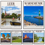Une collection de paysages panoramiques représentant différentes villes et régions d'Allemagne, mettant en valeur leurs principaux attraits touristiques et caractéristiques.