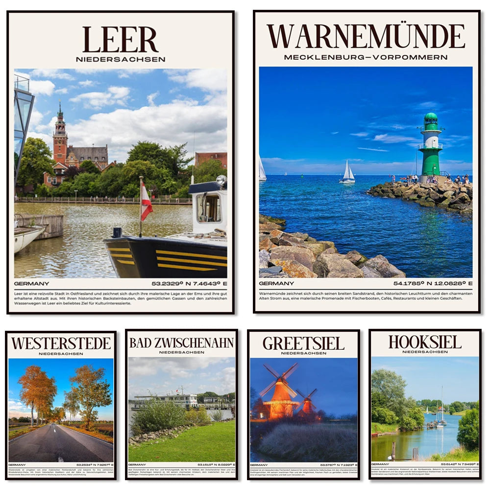 Une collection de paysages panoramiques représentant différentes villes et régions d'Allemagne, mettant en valeur leurs principaux attraits touristiques et caractéristiques.