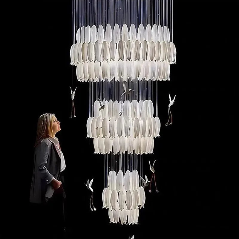 suspension lumineuse moderne blanc feuilles fines chaines minimaliste led