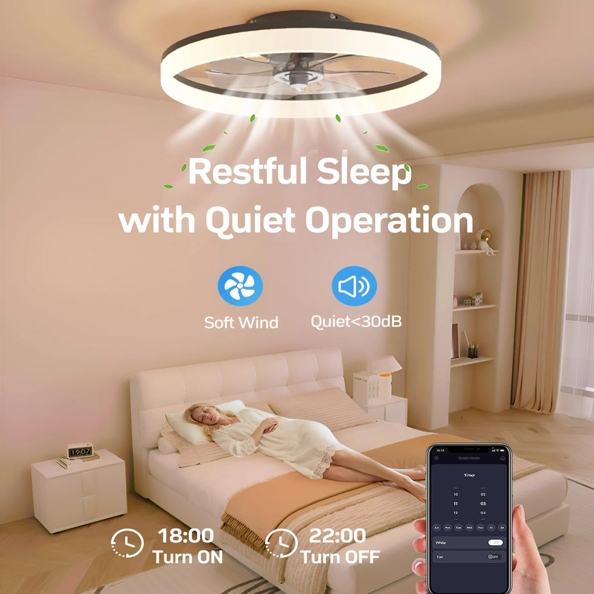 ventilateur led moderne noir blanc pales télécommande vitesses lumens 5000
