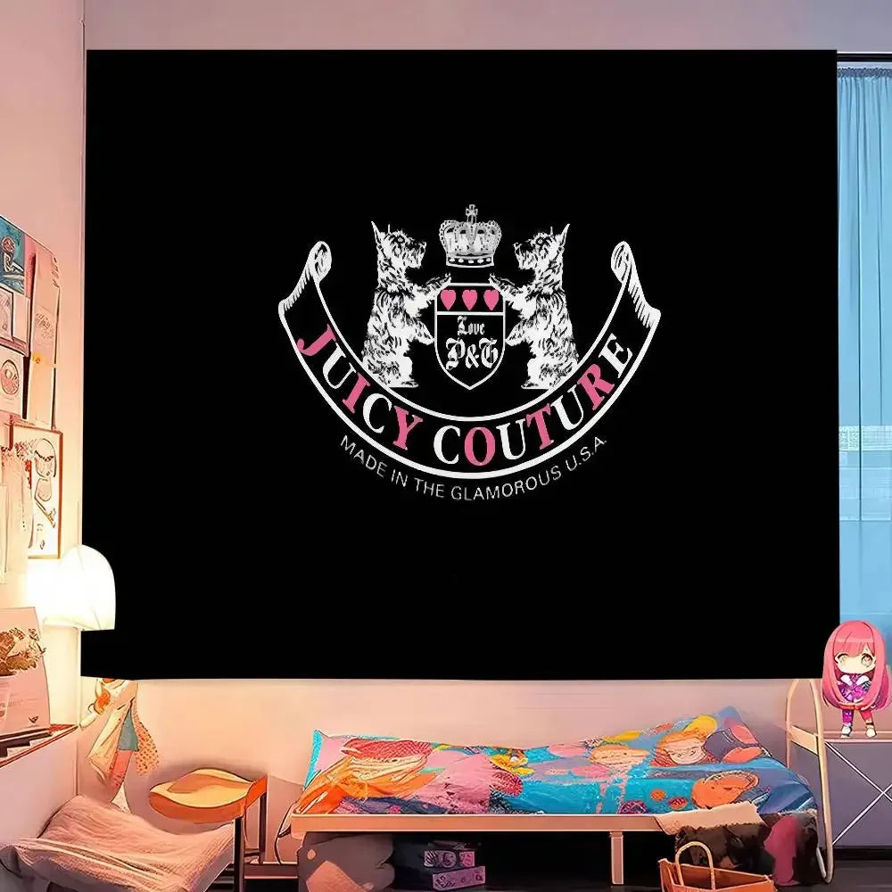tapisserie murale décor chambre fleurs logo chien rose noir gris tissu coton polyester grande