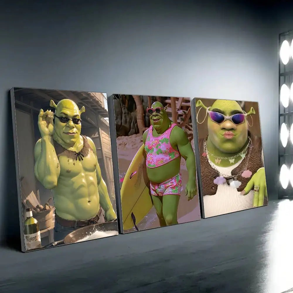 affiche moderne shrek pop art toile cadre noir personnage maillot bain vert blanc rose