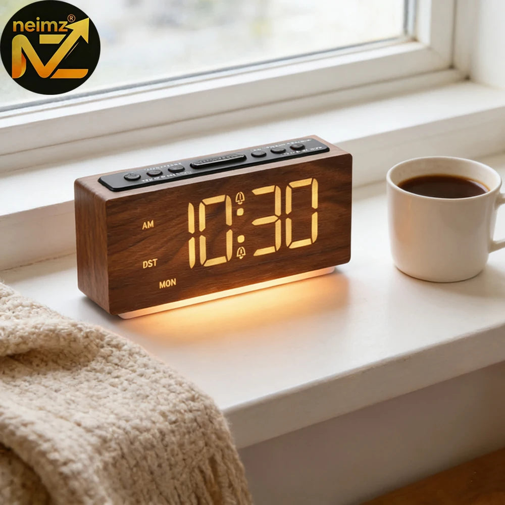 réveil numérique led bois moderne minimaliste fonction snooze réglage luminosité