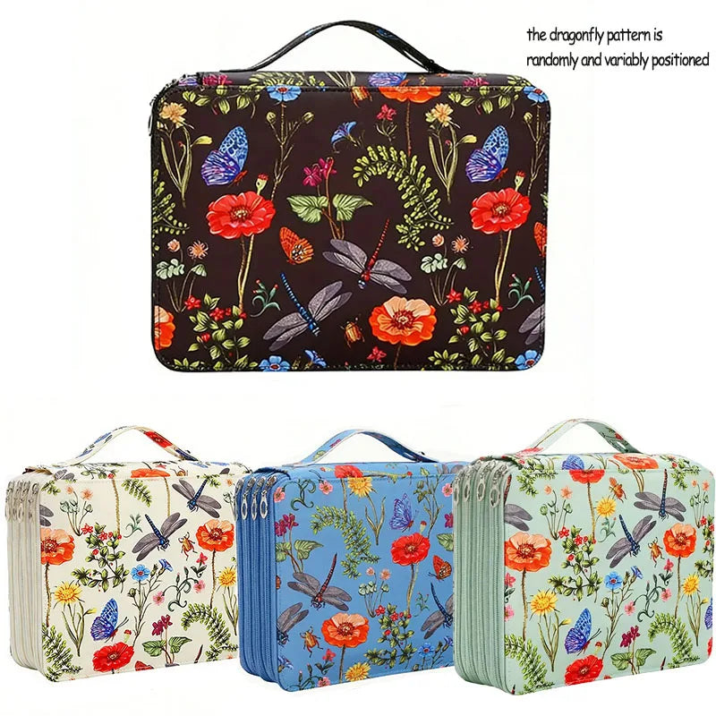 boîte crayons fleurs papillons zips 200 trous tissu polyestère moderne bleu vertclair