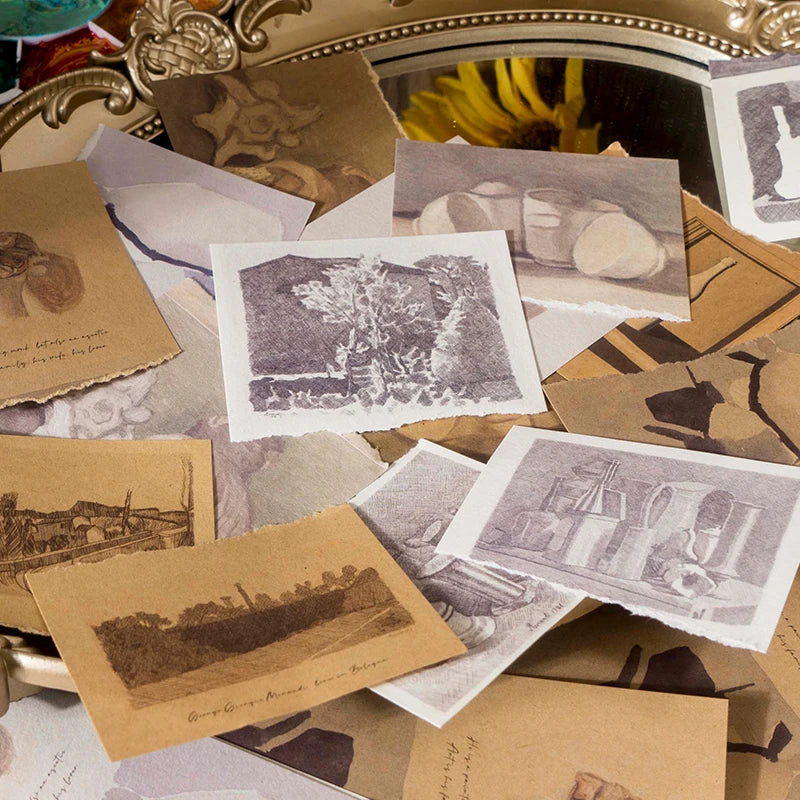 cartes postales artistes motifs monochromes dessins manuscrits peintres célèbres vintage lignes fines junk journal