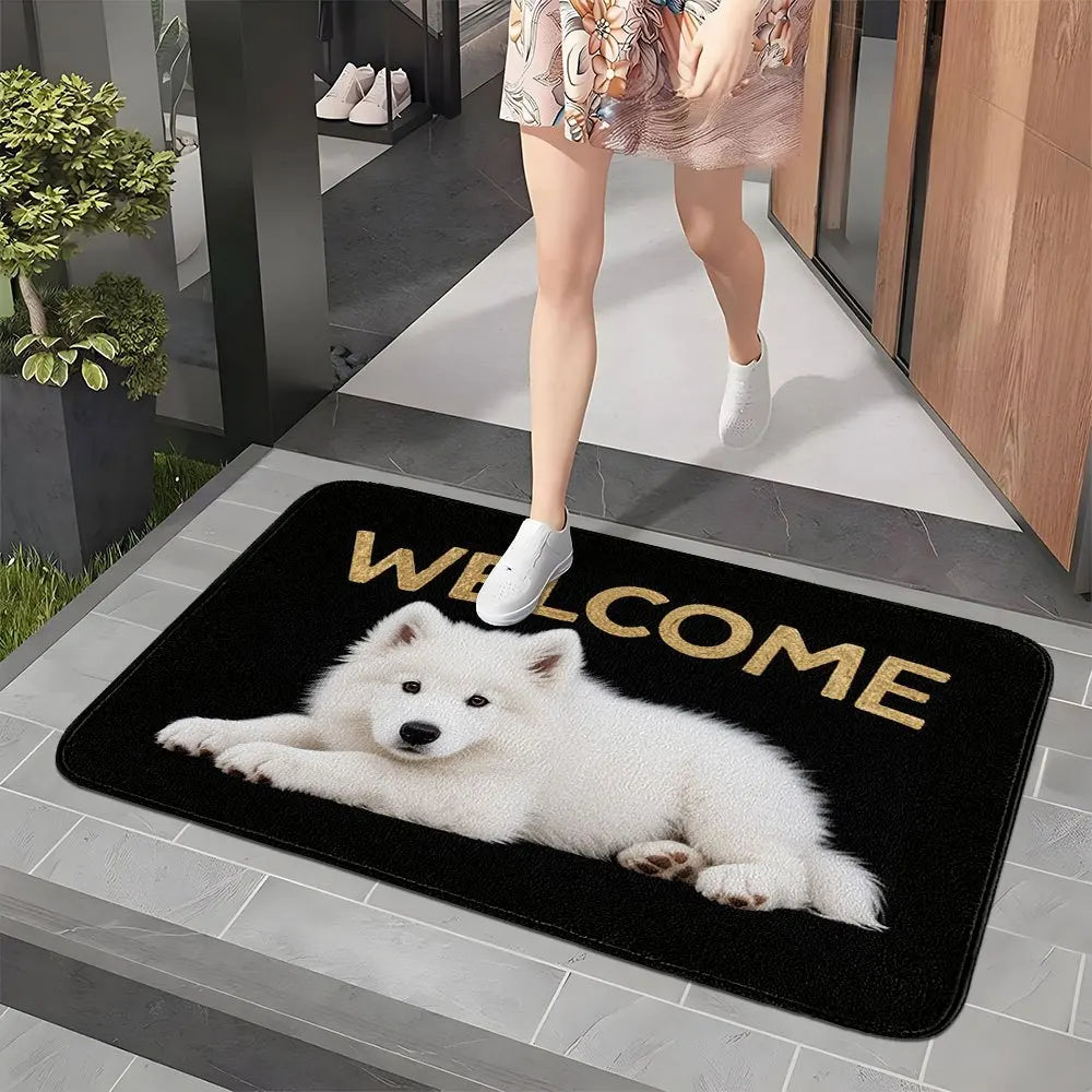 tapis d'entrée moderne chien blanc welcome noir géométrique antidérapant flanelle PVC