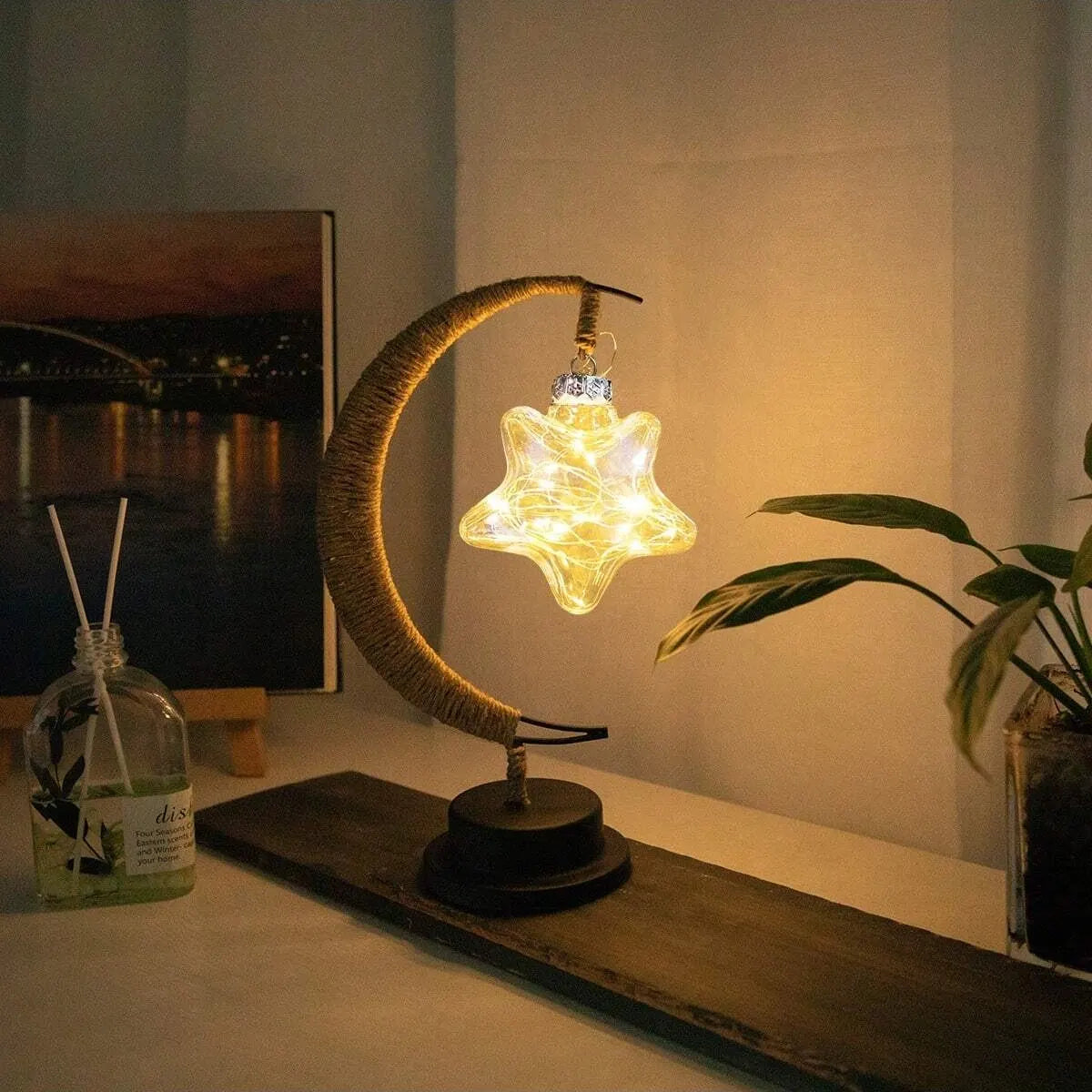 lampe table led or vintage étoile lune corde tressée romantique chambre décoration nocturne