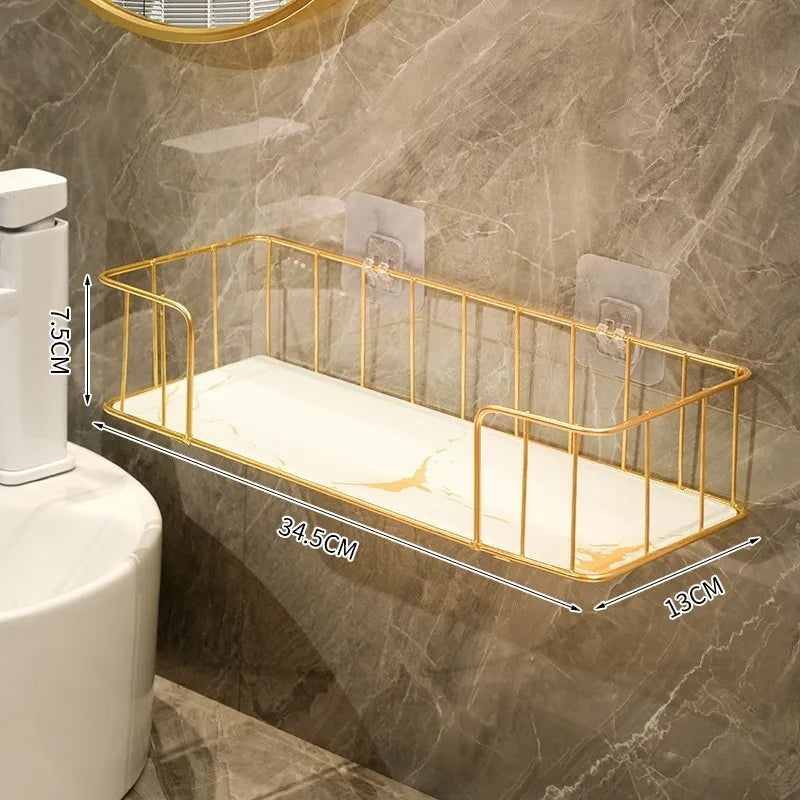 étagère murale adhésive or marbre moderne panneau verre métal cosmétique minimaliste