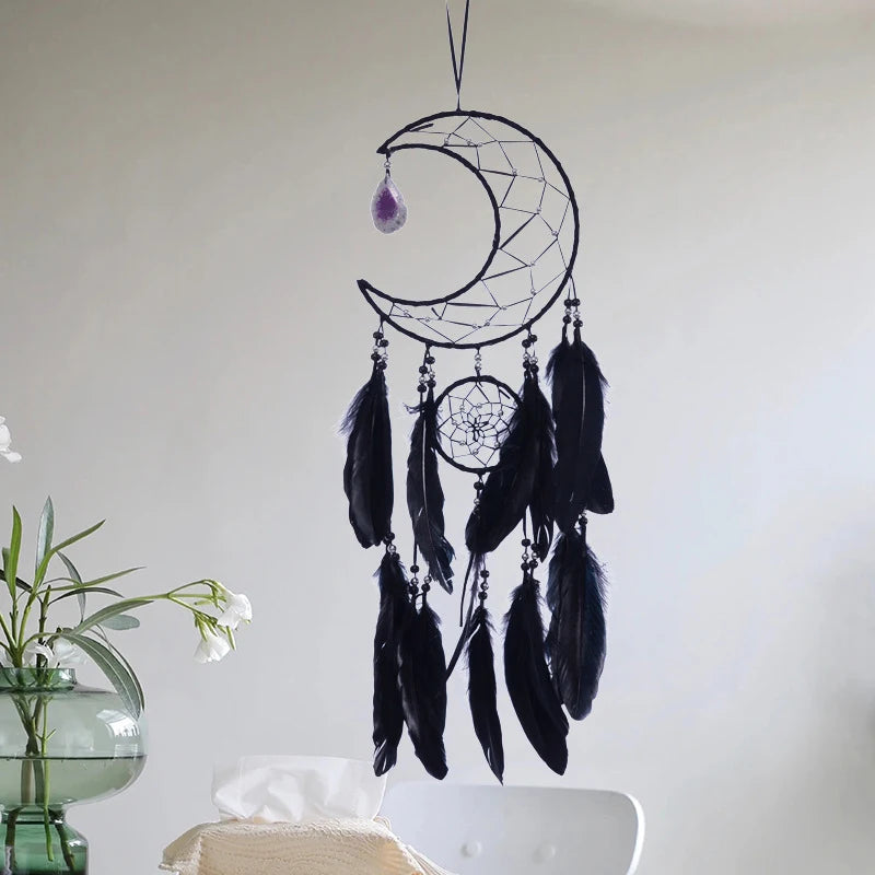décoration murale attrape rêves noir plumes filigrane pierre semi précieuse boho ethnique chambre coucher