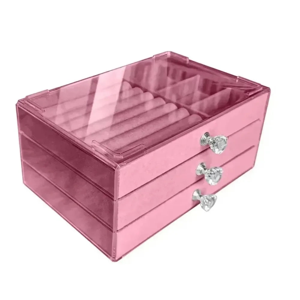 boîte rangement bijoux velours transparent moderne tiroirs respectueux environnement rose gris élégant