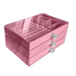 boîte rangement bijoux velours transparent moderne tiroirs respectueux environnement rose gris élégant