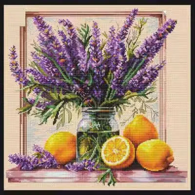 vases fleurs lavande citrons broderie toile blanche crème aiguille fils motifs réaliste européen américain