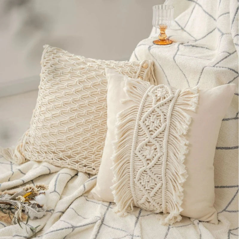 taies d'oreiller géométriques bohèmes crème franges macramé décoratives maison hospitalière