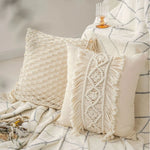 taies d'oreiller géométriques bohèmes crème franges macramé décoratives maison hospitalière