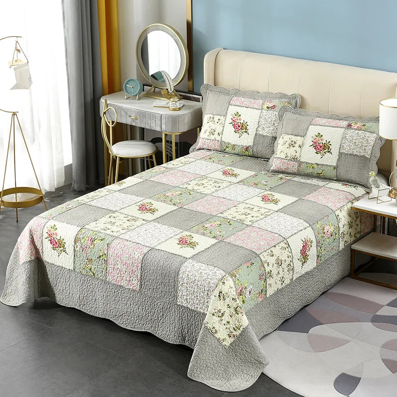 couvre lit patchwork coton floral vert beige rose matelassé maison hiverversible machine laver