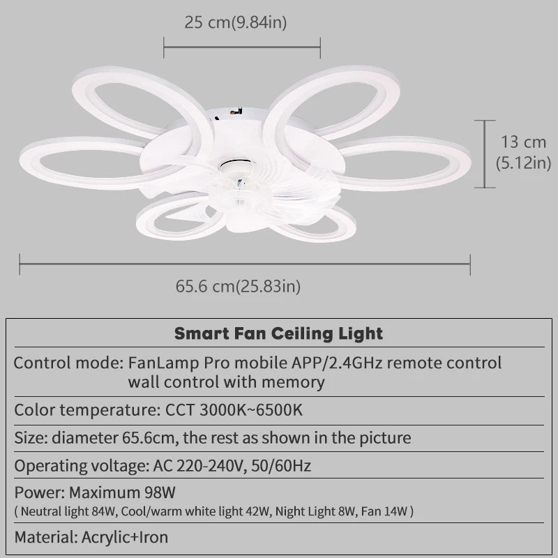 ventilateur plafonnier led blanc floral moderne télécommande app mobile vitesses lumière réglable