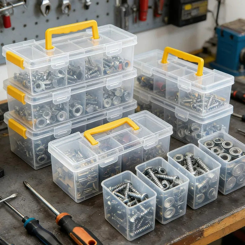 boîtes rangement transparentes poignées jaunes outils vis clés rubans adhésifs ciseaux tournevis pinces portables