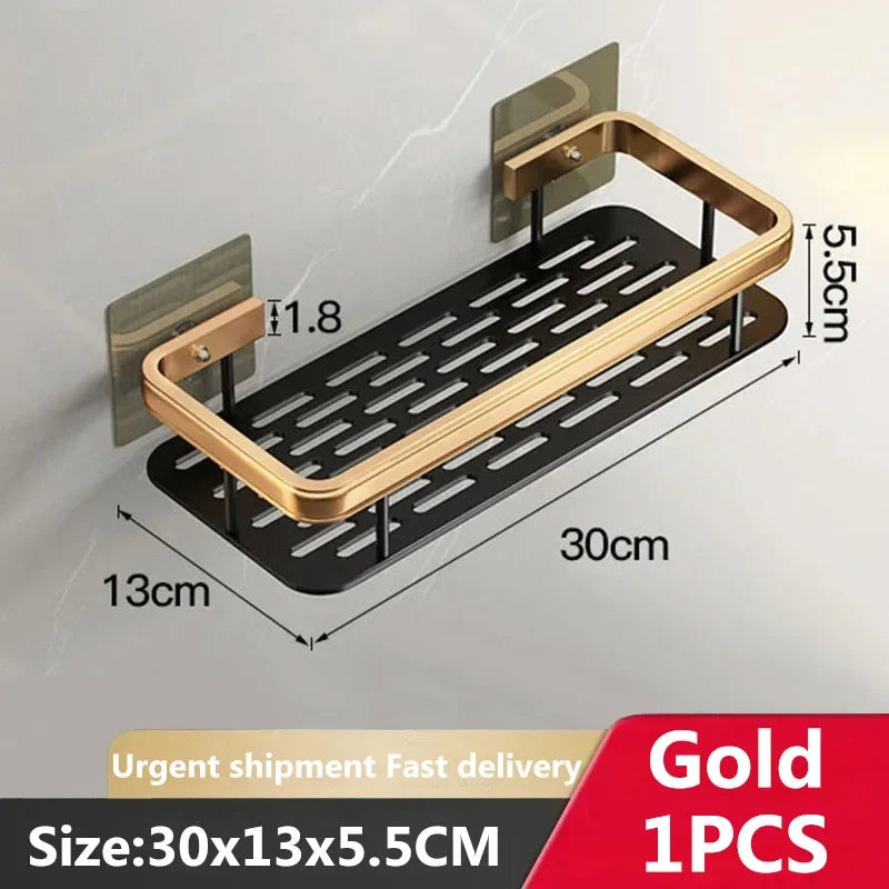 étagères salle bain moderne noires dorées mural sans perçage double niveau aluminium inoxydable
