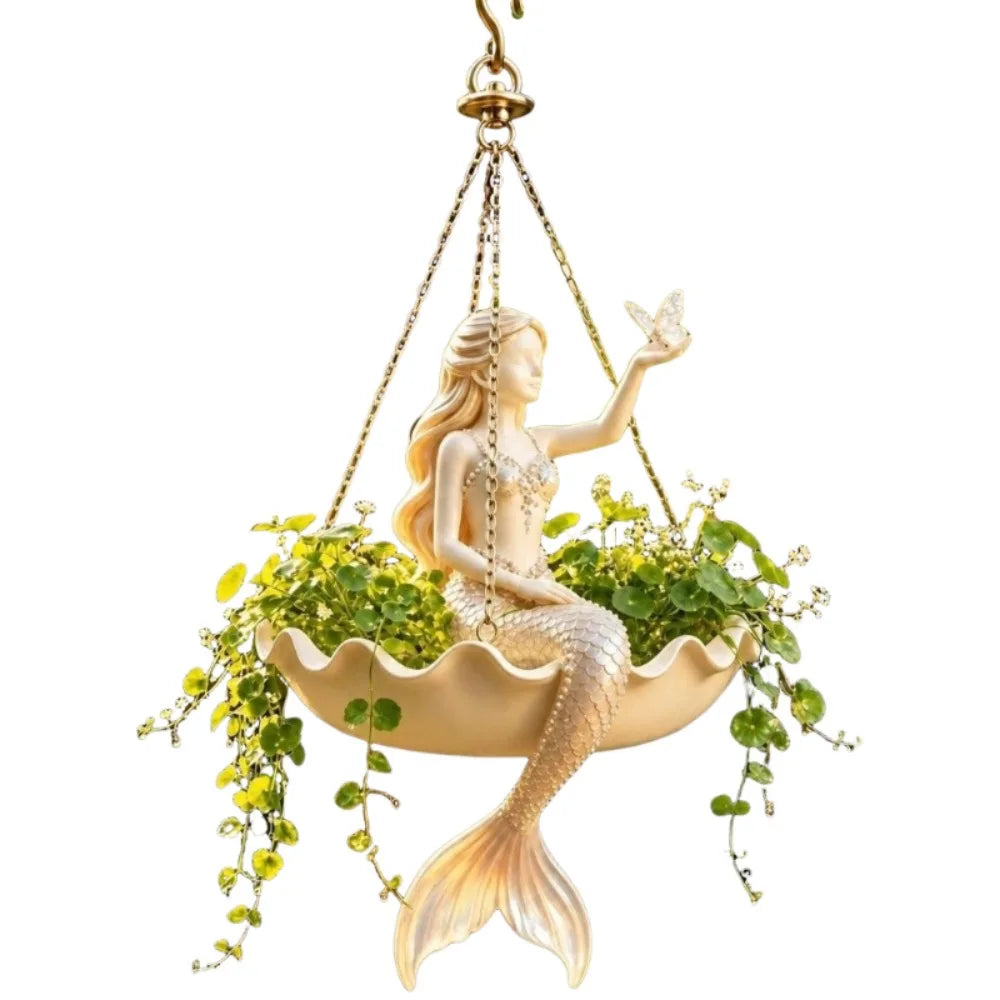 cache pot suspendu résine feuilles vertes figurine sirène classique romantique oiseau doré decoration plantes