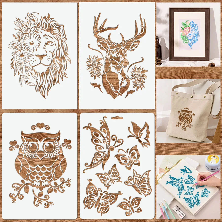 pochoirs peinture animaux lion cerf hibou papillon art décoratif adhésif tissu mur