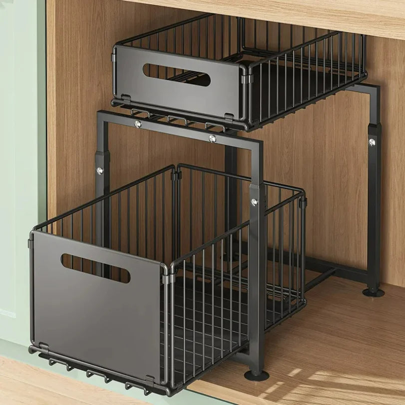 panier rangement noir moderne grille métallique double couche pieds ronds blancs