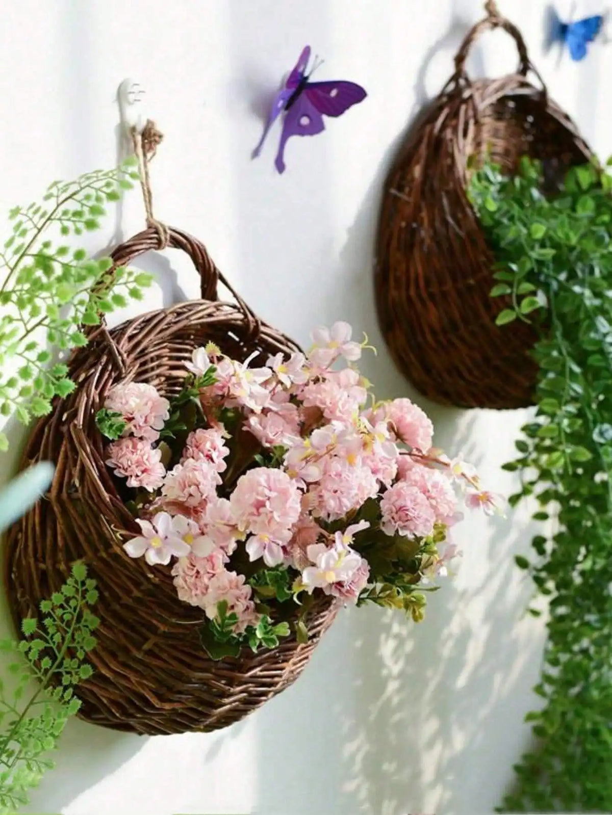 paniers suspendus marron clair tissage osier rustique cordelette plante artificielleintérieur decoration fait main