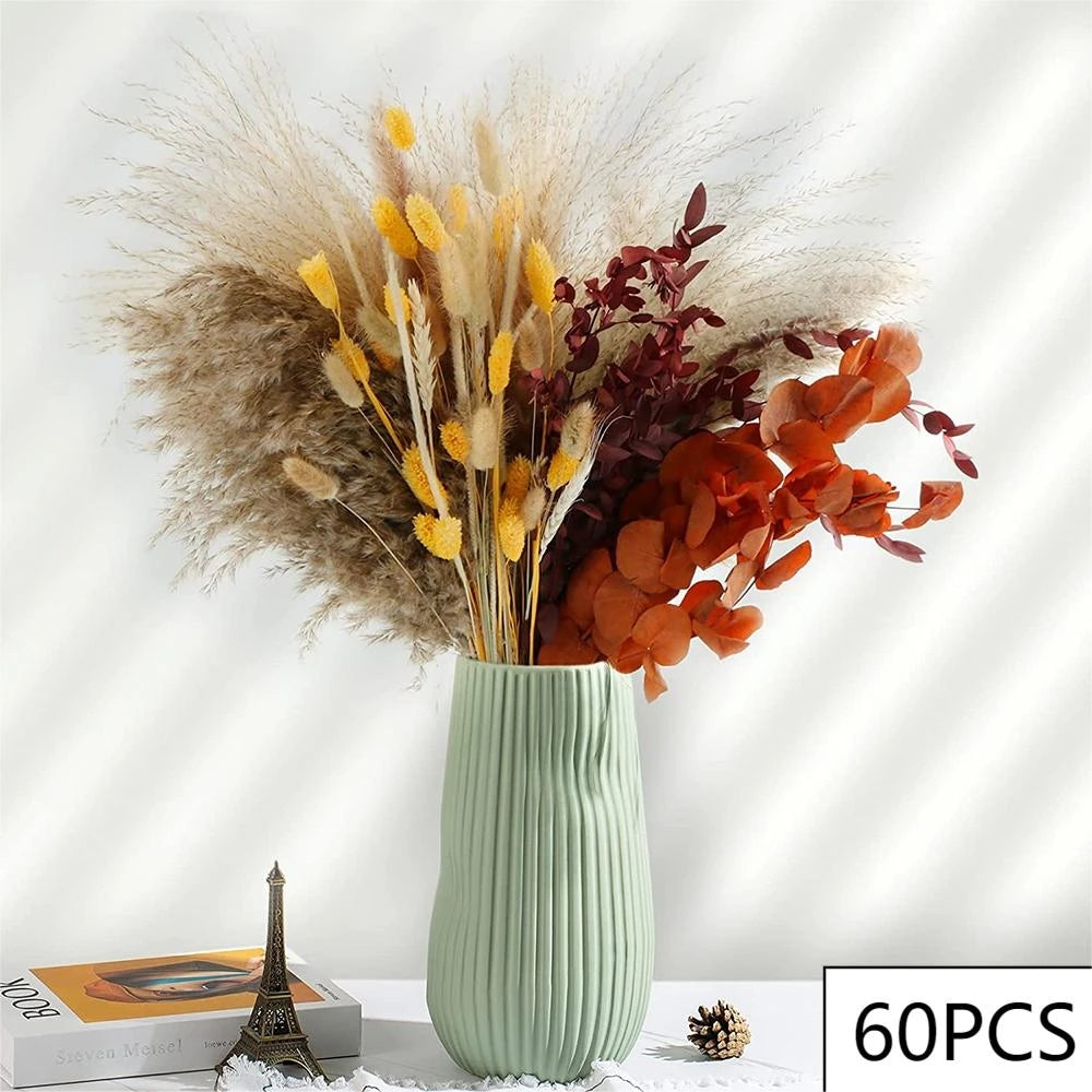 décoration boho bouquet séché eucalyptus pampas feuilles graminées vase naturel orange jaune