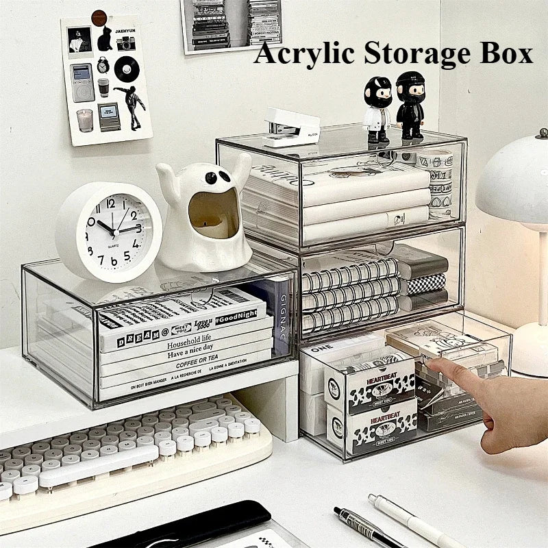 boîtes rangement acrylique transparentes empilables stationnerie cosmétiques maquillage moderne minimaliste respectueux environnement
