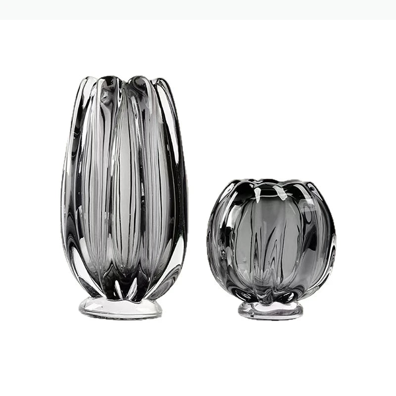 vases verre transparent gris fumé lignes gravées moderne minimaliste décoration table fleurs séchées