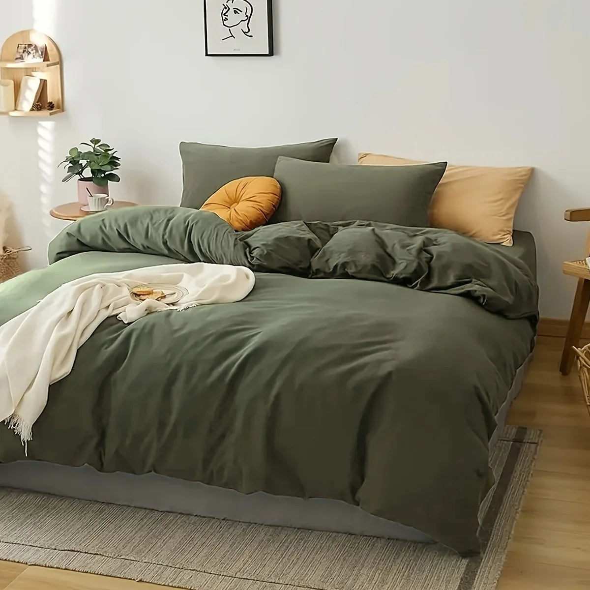 ensemble literie uni vert olive moderne minimaliste 100% polyester housse couette taies oreiller couverture