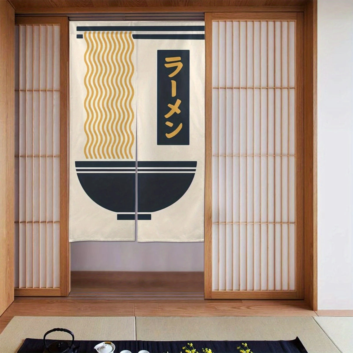 rideau moderne japonais rayures dorées texte ramen noir cuisine chambre