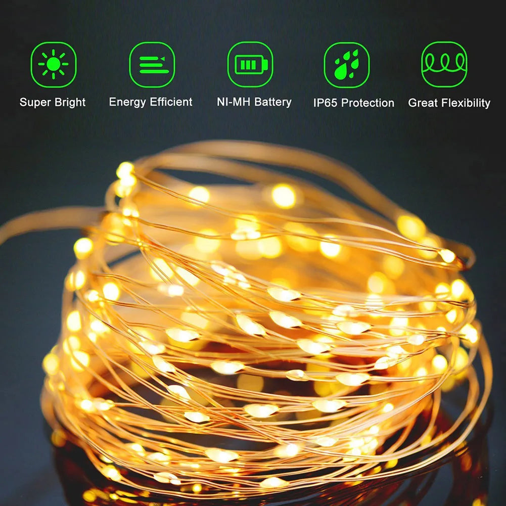 guirlande lumineuse solaire fil cuivre led dorée moderne décoration extérieure festive noël écologique