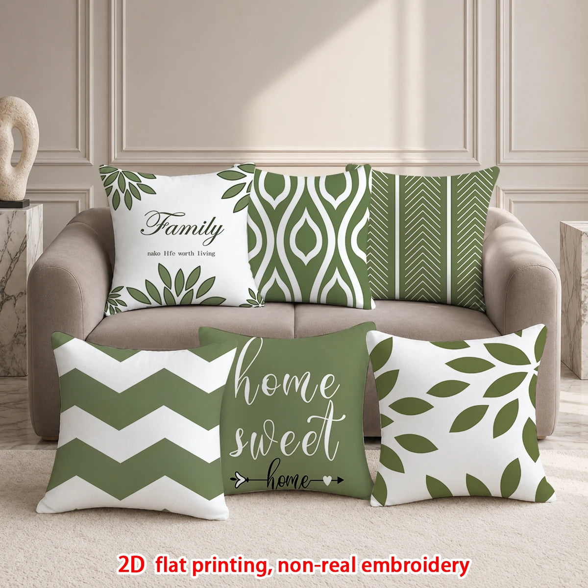 lot housses coussin vert clair motifs géométriques modernes salon maison