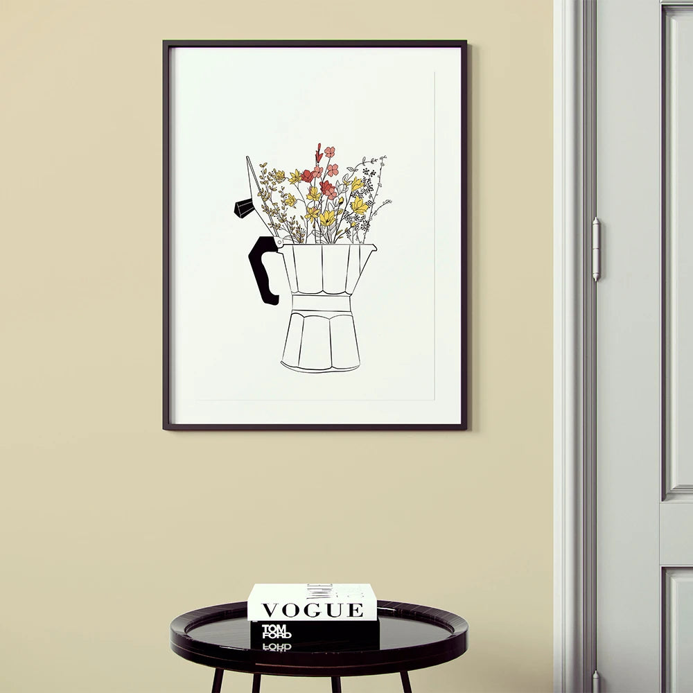 affiches art minimaliste moderne fleurs tasse salon cuisine décoration maison blanc noir