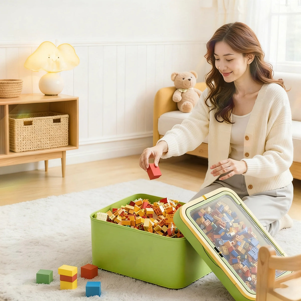 boîtes rangement transparentes empilables jouets colorés moderne poignées vert rose jaune