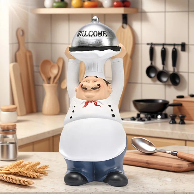 statue cuisinier blanc bleu souriant chapeau tablier welcome bienvenidos extérieur intérieur