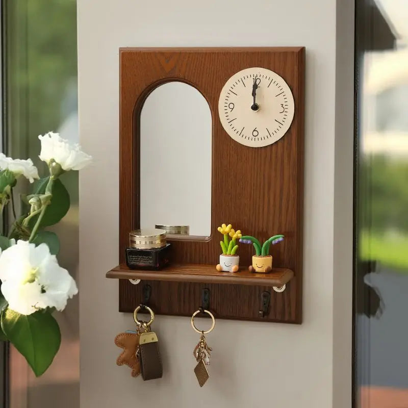 horloge murale bois horizontale compartiment rangement porte verre classique suspension porte clés