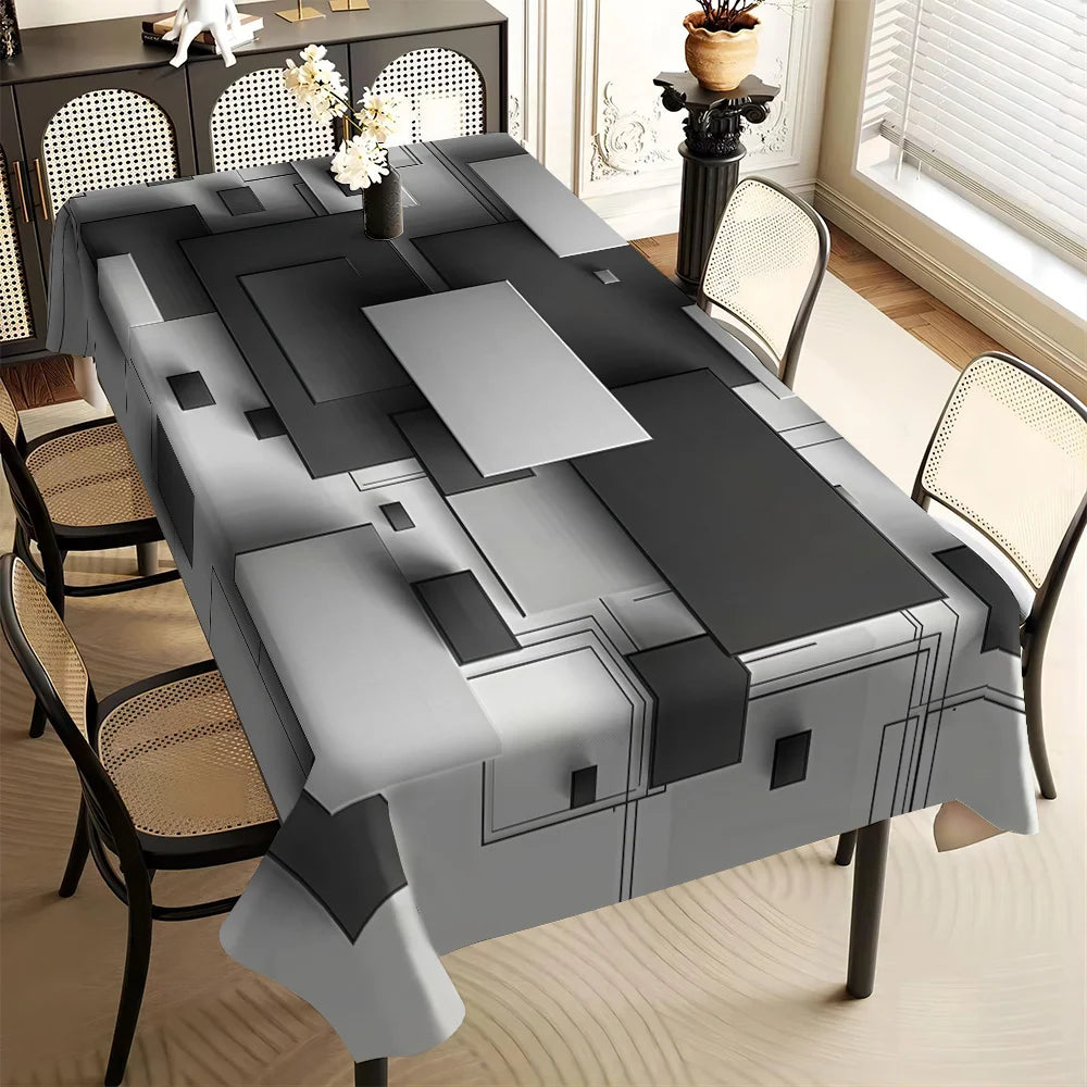 nappe imperméable rectangulaire moderne géométrique gris noire réutilisable polyester table fête salle manger