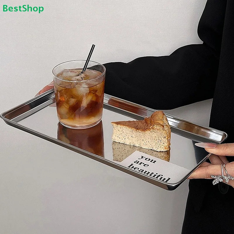 plateau rectangulaire argenté lisse moderne service table gâteau boisson pain