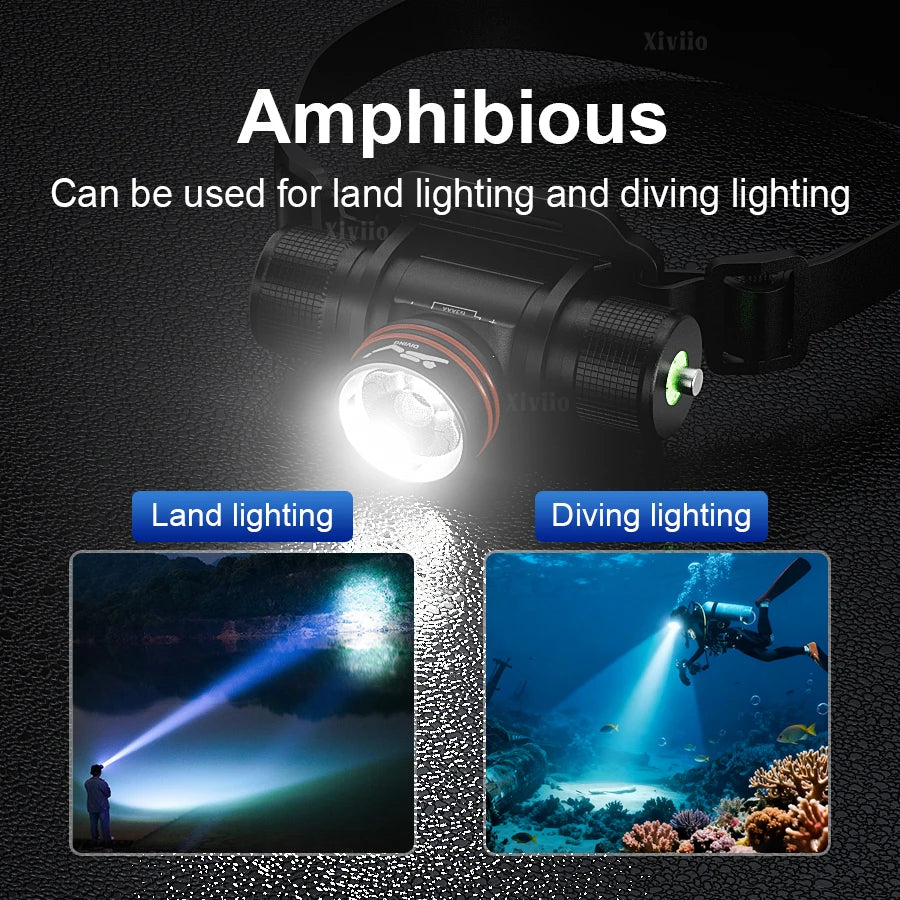 lampe torche plongée rechargeable led 30w ipx8 étanche 500m noir ceinture ajustable haute puissance