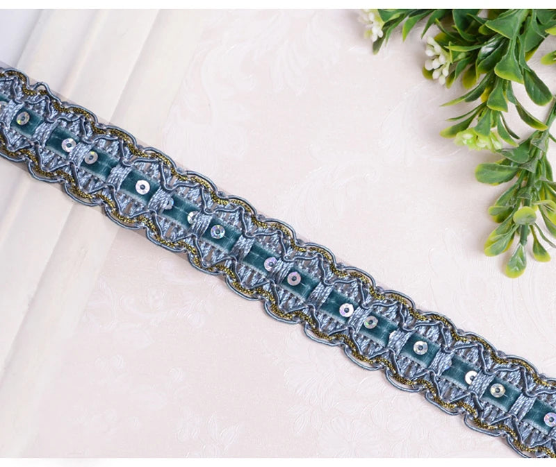 ruban décoratif dentelle élégant sequins dorés or rose violet bleu marron 2mètres polyester