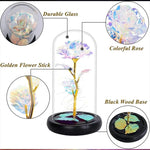 veilleuse led rose artificielle cloche verre éclairage couleur variée base noire