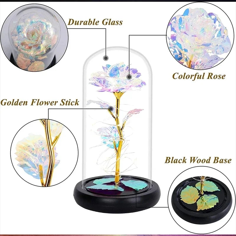 veilleuse led rose artificielle cloche verre éclairage couleur variée base noire