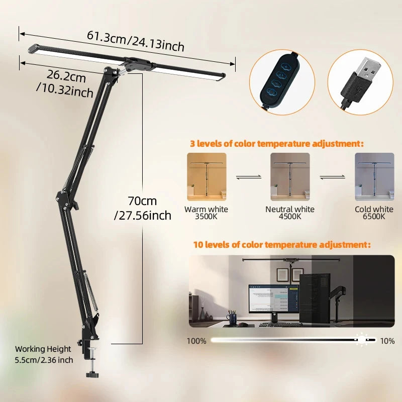 lampe led double tête noir moderne bras articulé usb réglable luminosité
