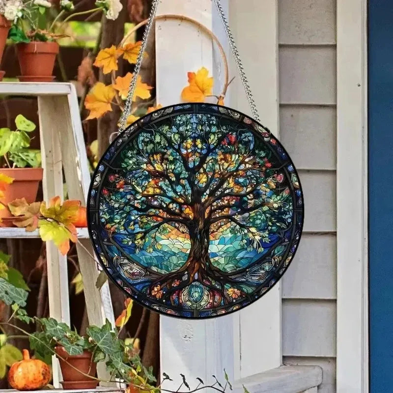 décoration murale vitrail arbre floral lever soleil suspendu chambre fenêtre translucent