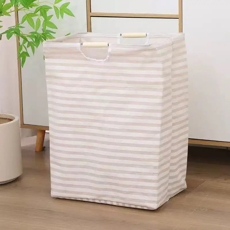 panier linge pliable coton rayures horizontales beige gris moderne poignées plastique