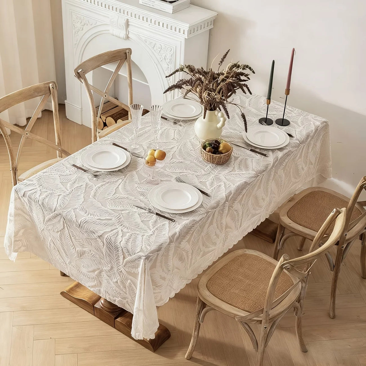 nappe blanche feuilles stylisées classique opaquer table mariage décoration intérieure blanc lavable machine