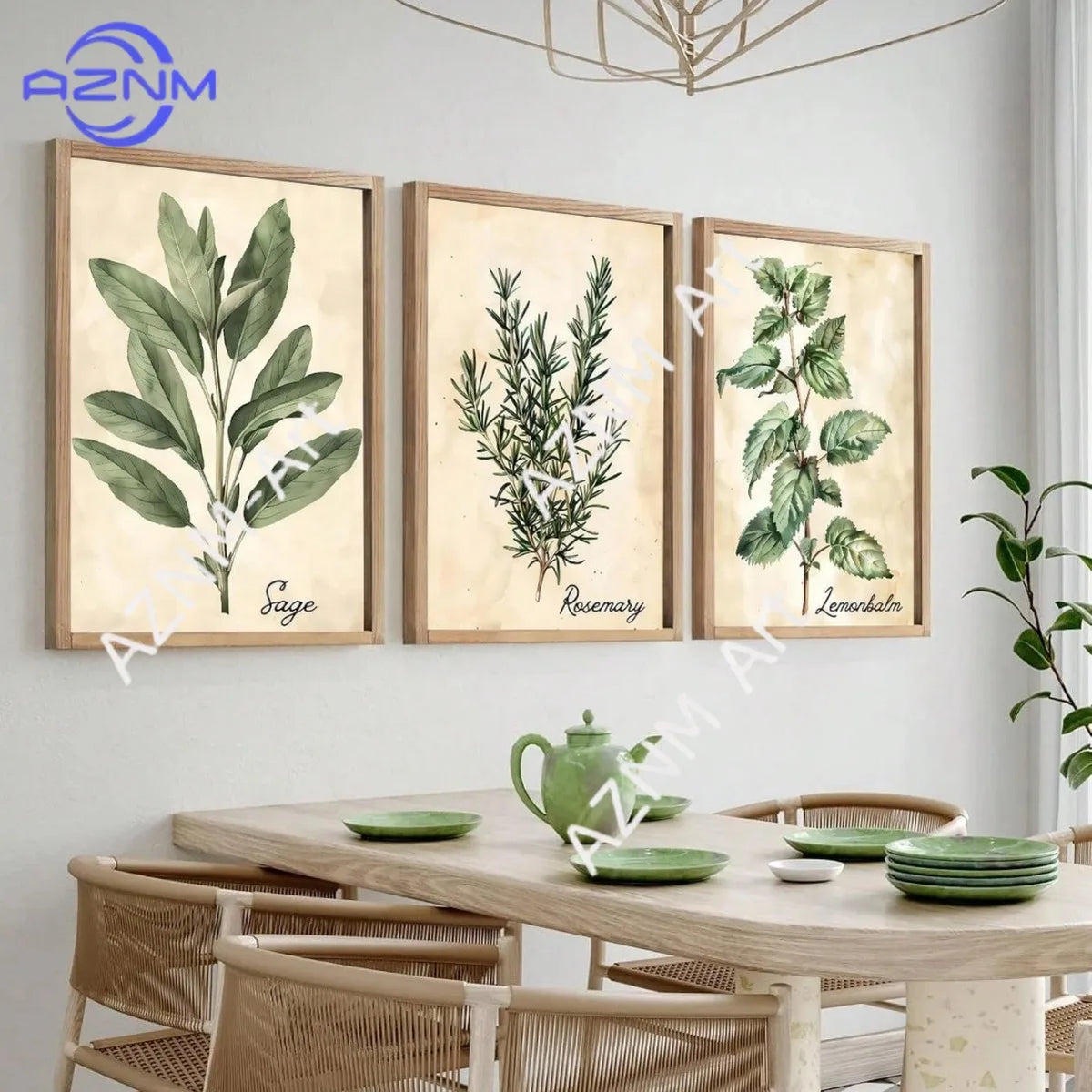 affiche murale vintage illustration botanique feuilles vert beige cadre bois décoration salon cuisine maison