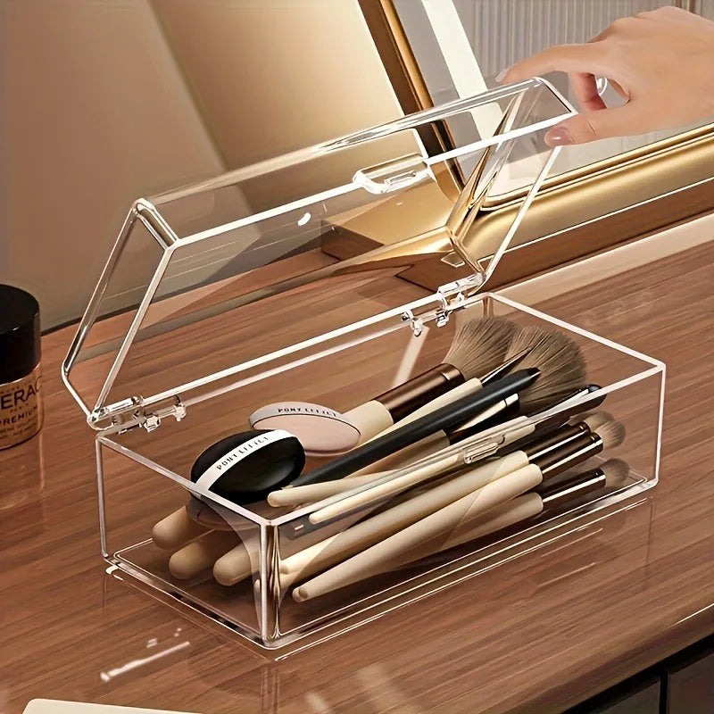boîte rangement cosmétiques transparente moderne poignée brosse maquillage pinceau fondation poudre compacte éponge maquillage