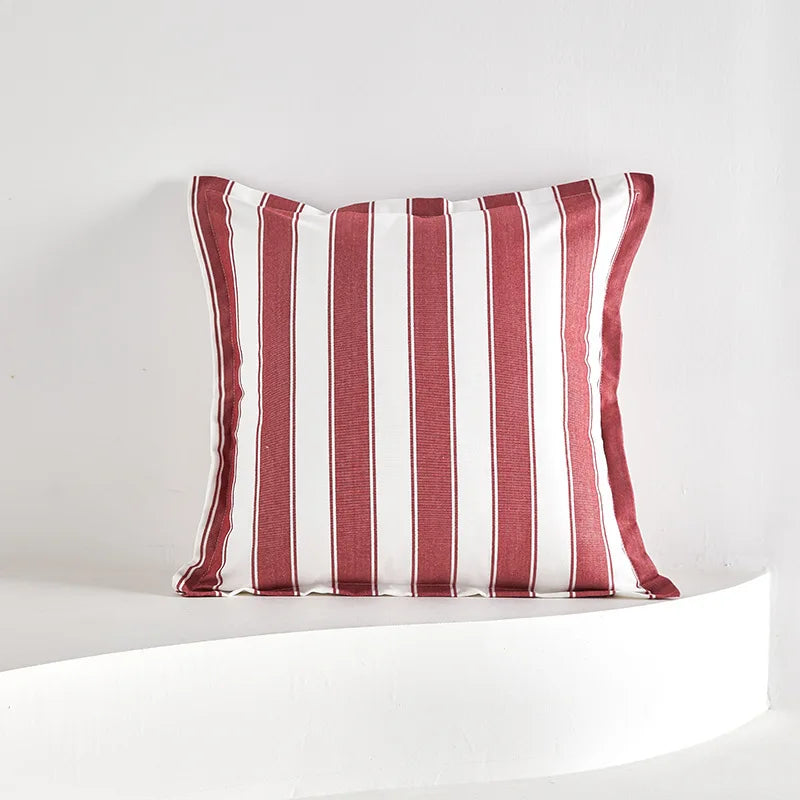 coussin carré rouge blanc rayures moderne tissage fin polyester coton tassels bord pressé occlusif